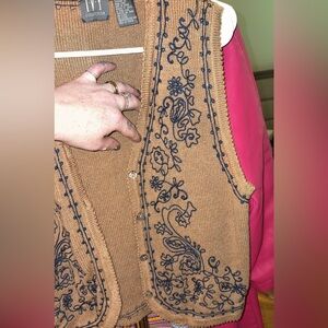Embroidered Tan Knit Vest